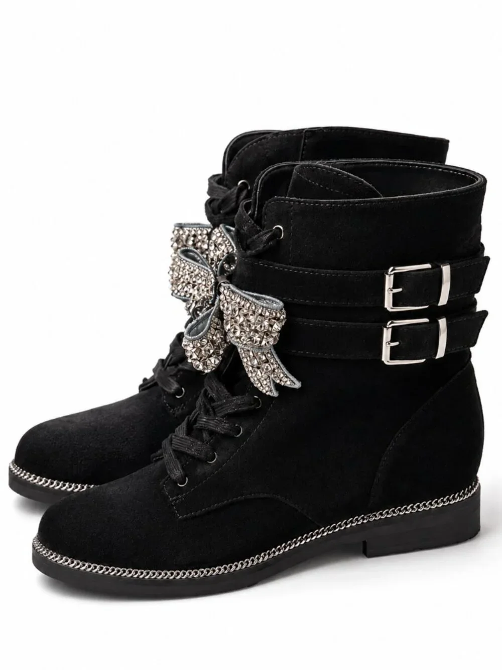 Kurt Geiger Sutton Crystal Bow Combat Boots Black Suede EU 39 - Picture 2 of 3